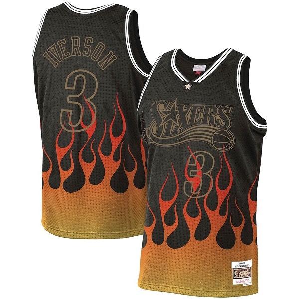 Men's Philadelphia 76ers #3 Allen Iverson Black Mitchell & Ness 2000-01 Hardwood Classics Swingman Flames Stitched Jersey Men's Philadelphia 76ers #3 Allen Iverson Black Mitchell & Ness 2000-01 Hardwood Classics Swingman Flames Stitched Jersey
